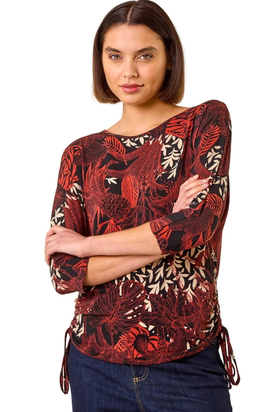 Tops>Roman Orange Leaf Print Side Tie Stretch Top