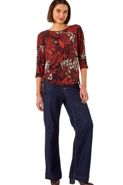Tops>Roman Orange Leaf Print Side Tie Stretch Top