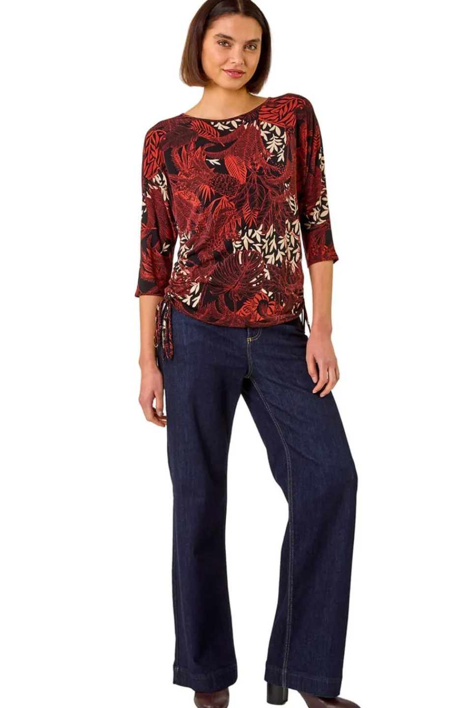 Tops>Roman Orange Leaf Print Side Tie Stretch Top