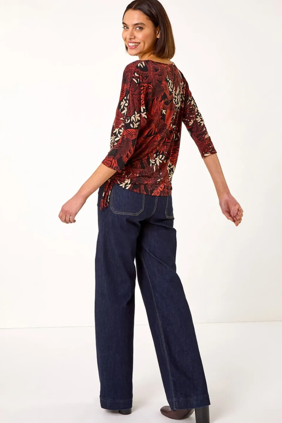 Tops>Roman Orange Leaf Print Side Tie Stretch Top