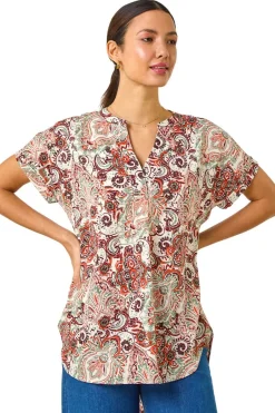 Tops>Roman Orange Paisley Print V-Neck Top
