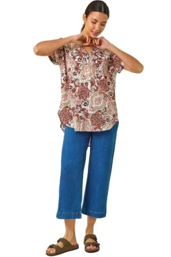Tops>Roman Orange Paisley Print V-Neck Top