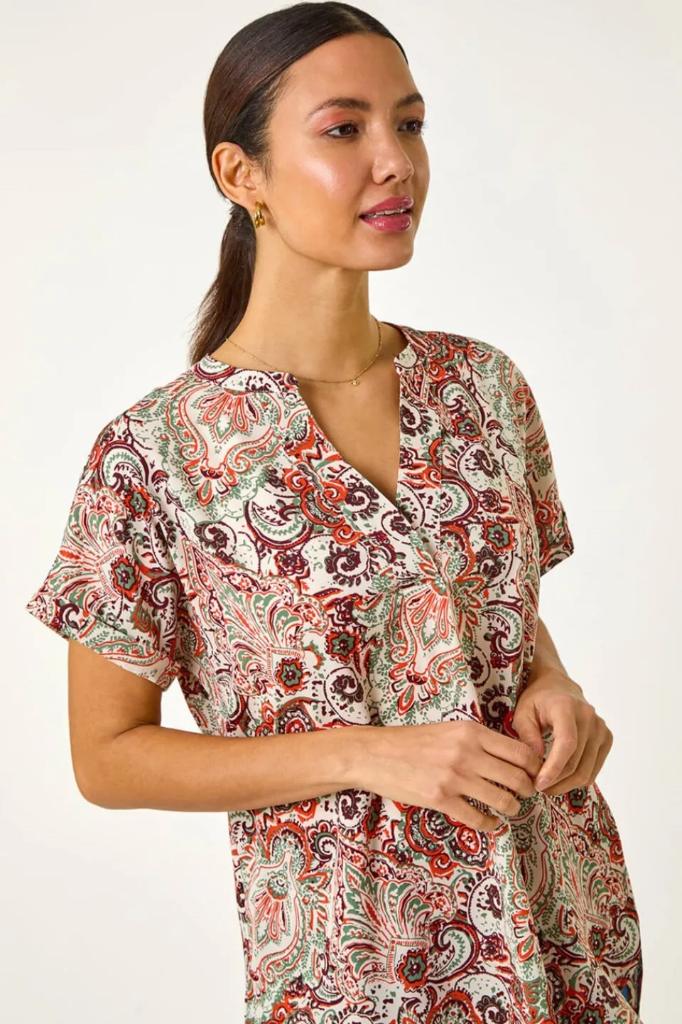 Tops>Roman Orange Paisley Print V-Neck Top