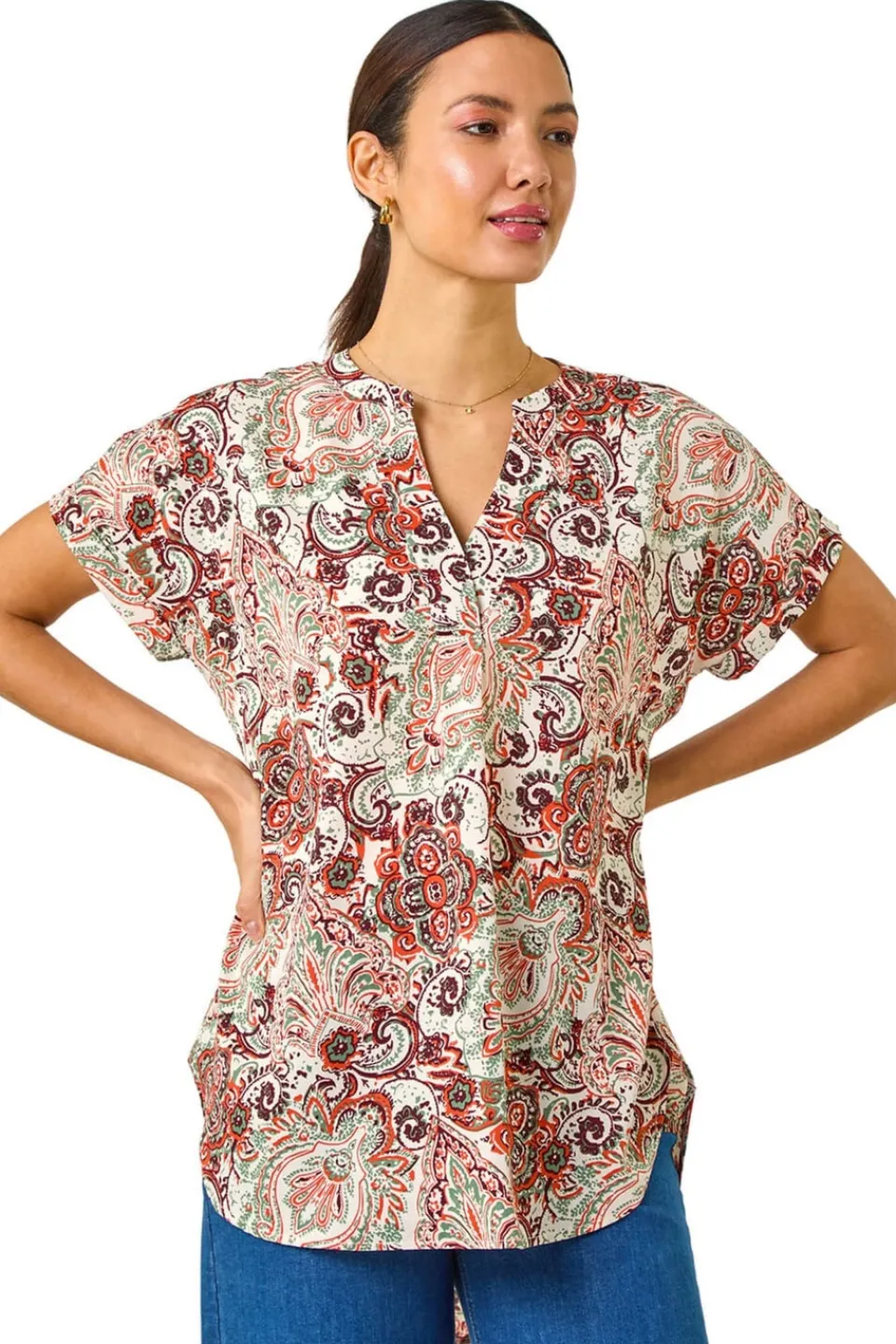 Tops>Roman Orange Paisley Print V-Neck Top