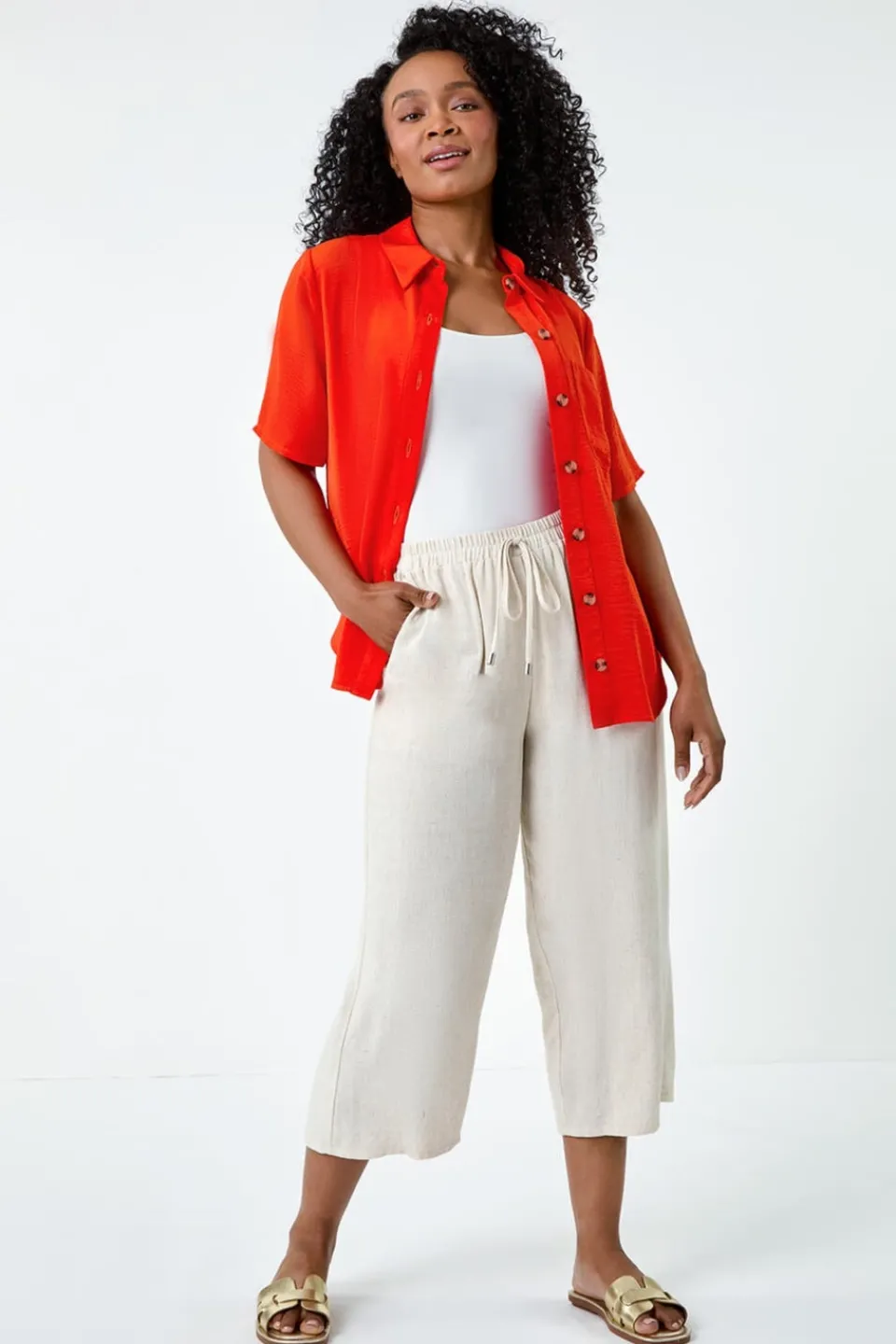 Tops>Roman Orange Petite Button Up Pocket Shirt