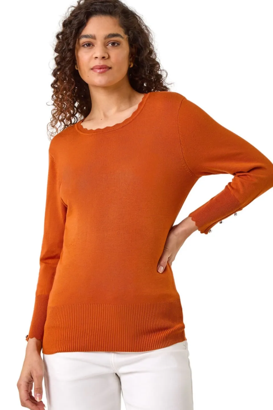 Tops>Roman Orange Scallop Neck Button Knit Jumper