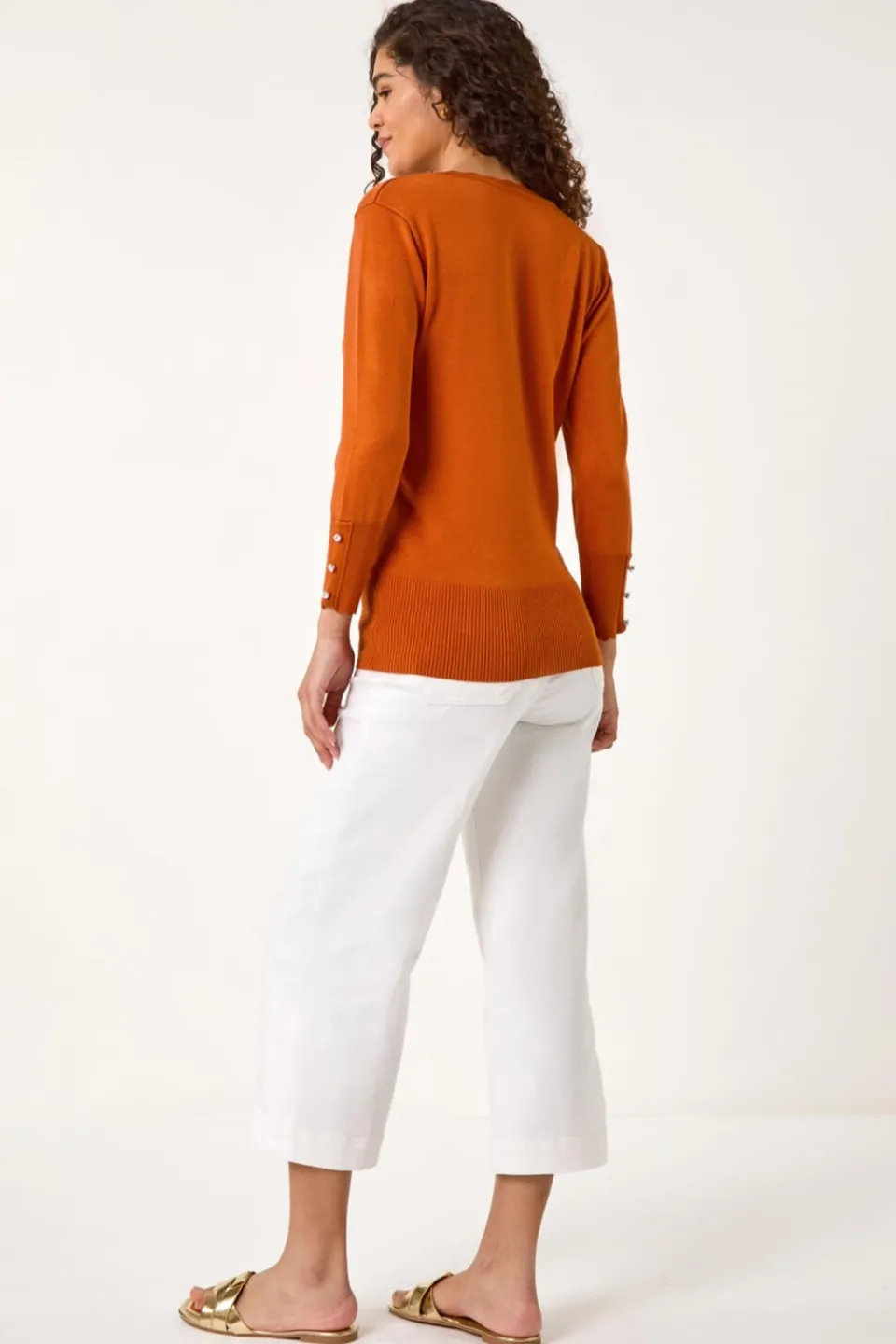Tops>Roman Orange Scallop Neck Button Knit Jumper