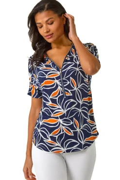 T-Shirts>Roman Orange Textured Print Zip Detail Top