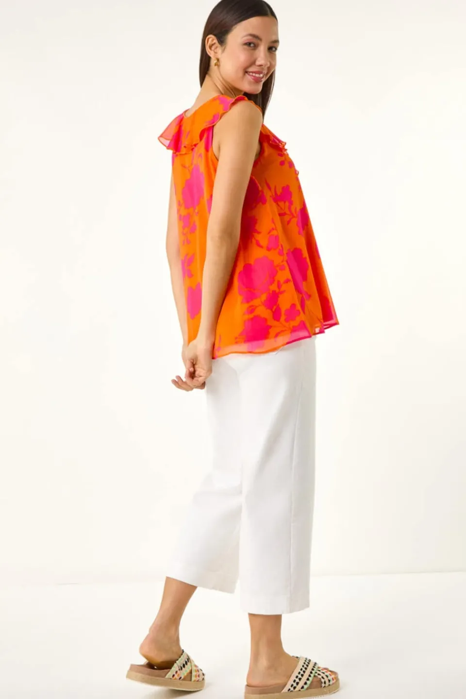 Tops>Roman Orange Tropical Print Ruffle Vest Top