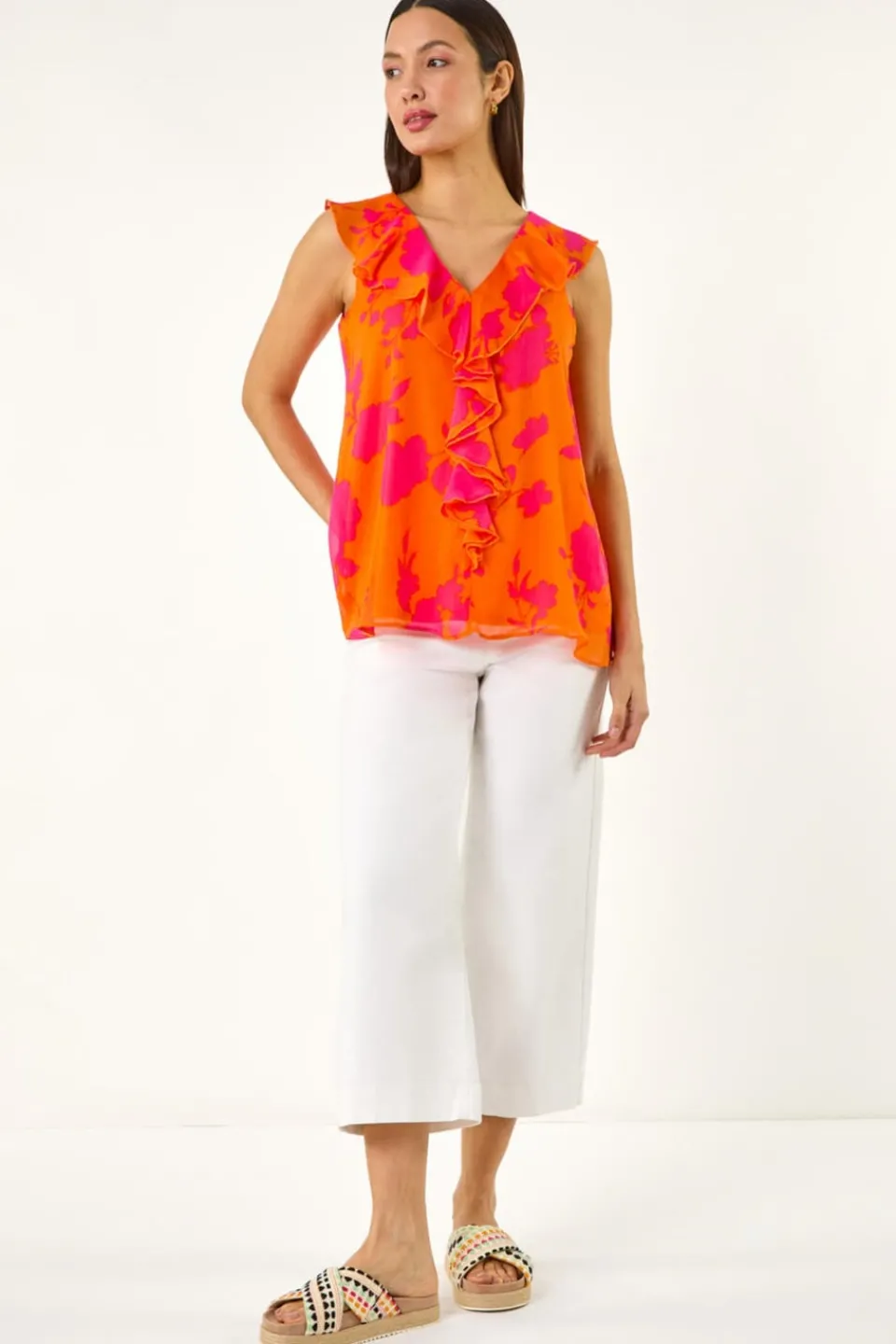 Tops>Roman Orange Tropical Print Ruffle Vest Top