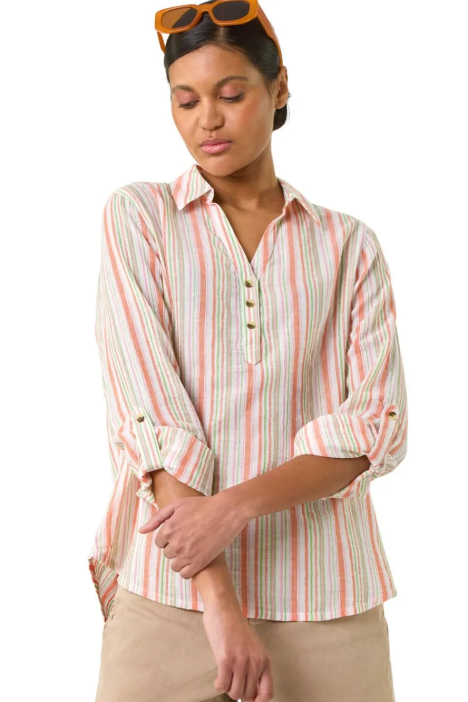 Blouses & Shirts>Roman Orange Vertical Stripe Collared Shirt