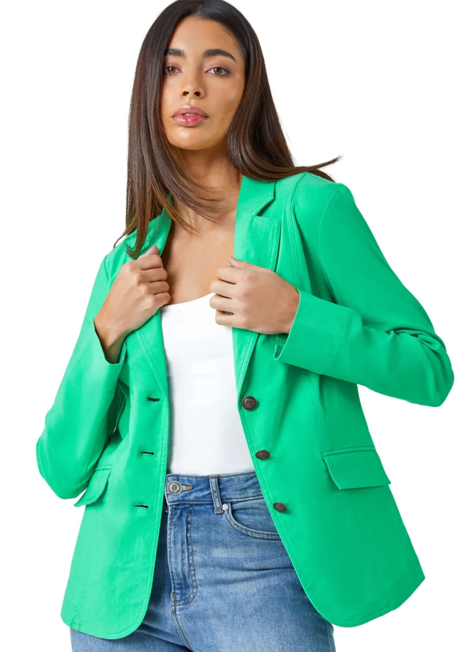 Coats & Jackets>Roman Pale Green Button Detail Stretch Blazer PaleGreen