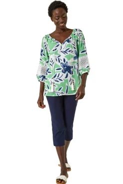 Tops>Roman Pale Green Floral Print Tie Front Top