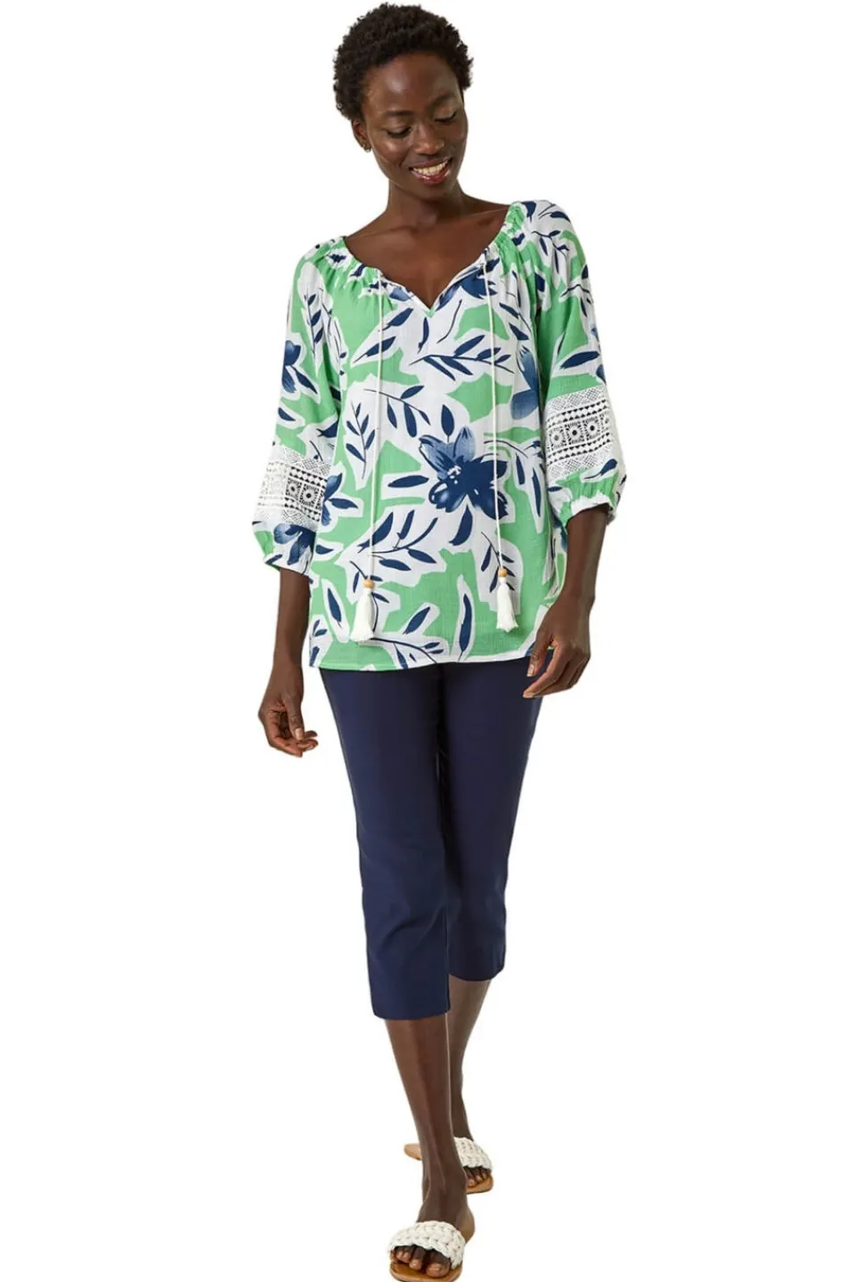 Tops>Roman Pale Green Floral Print Tie Front Top
