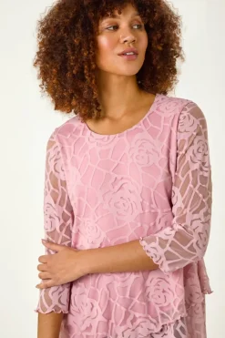 Tops>Roman Pale Pink Burnout Rose Detail Asymmetric Top