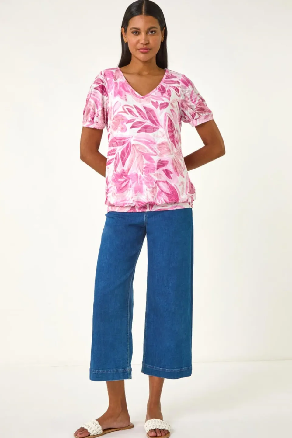 Tops>Roman Pale Pink Floral Print Burnout V-Neck Top