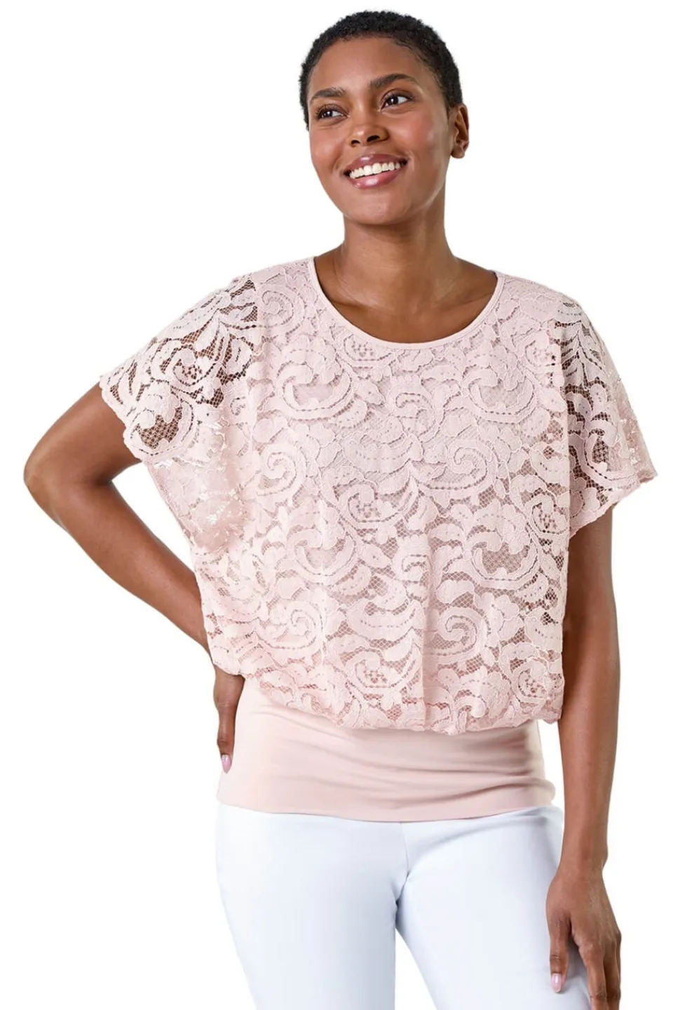 Tops>Roman Pale Pink Lace Stretch Bubble Hem Top