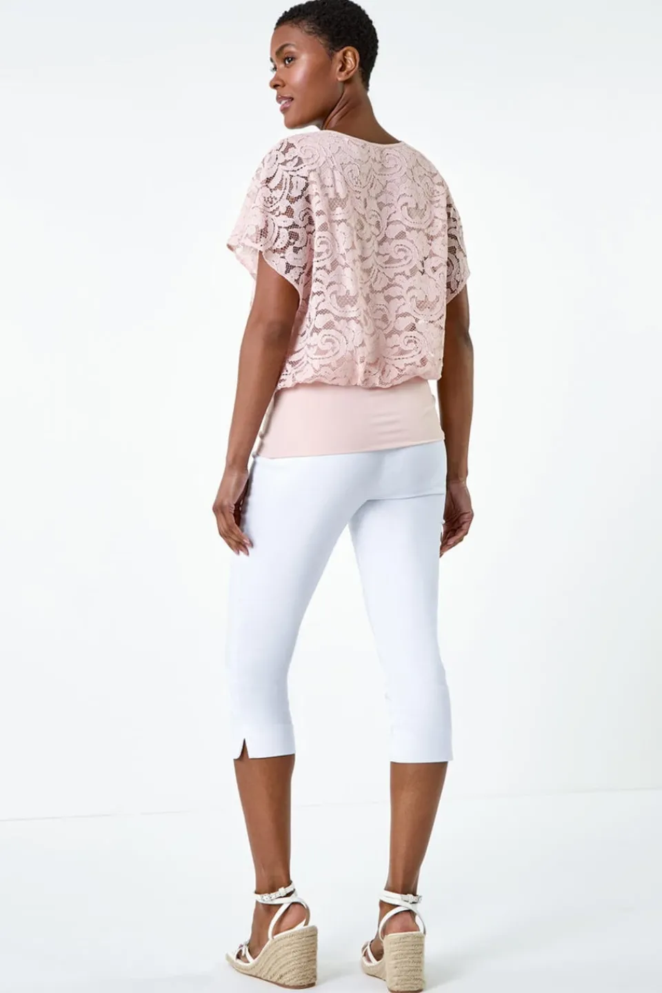 Tops>Roman Pale Pink Lace Stretch Bubble Hem Top