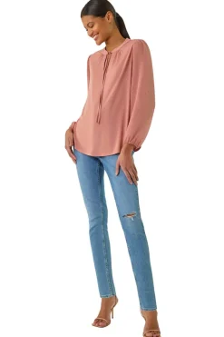 Tops>Roman Peach Tie Neck Shimmer Dobby Sleeve Top