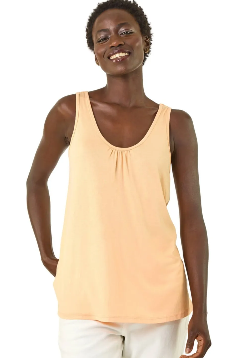 Tops>Roman Peach V Neck Stretch Jersey Vest Top