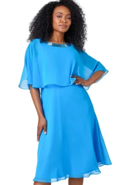 Dresses>Roman Petite Sequin Trim Chiffon Cape Dress Blue