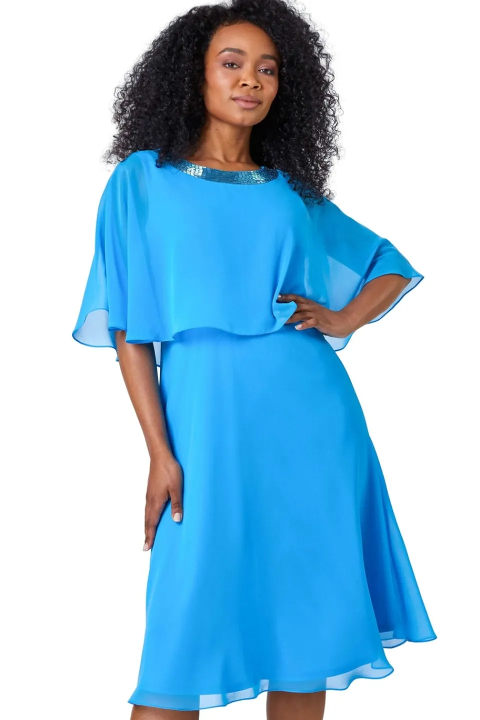 Dresses>Roman Petite Sequin Trim Chiffon Cape Dress Blue