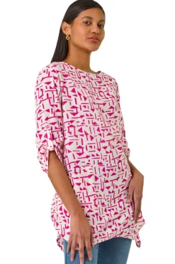 Tops>Roman Pink Absract Print Longline Top