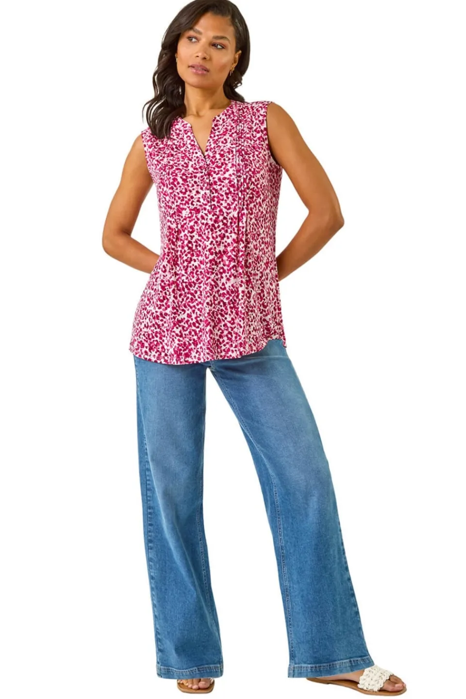 Tops>Roman Pink Abstract Animal Print Stretch Vest Top