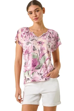 Tops>Roman Pink Abstract Floral Print Stretch Top
