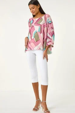 Tops>Roman Pink Abstract Print Overlay Tunic Top