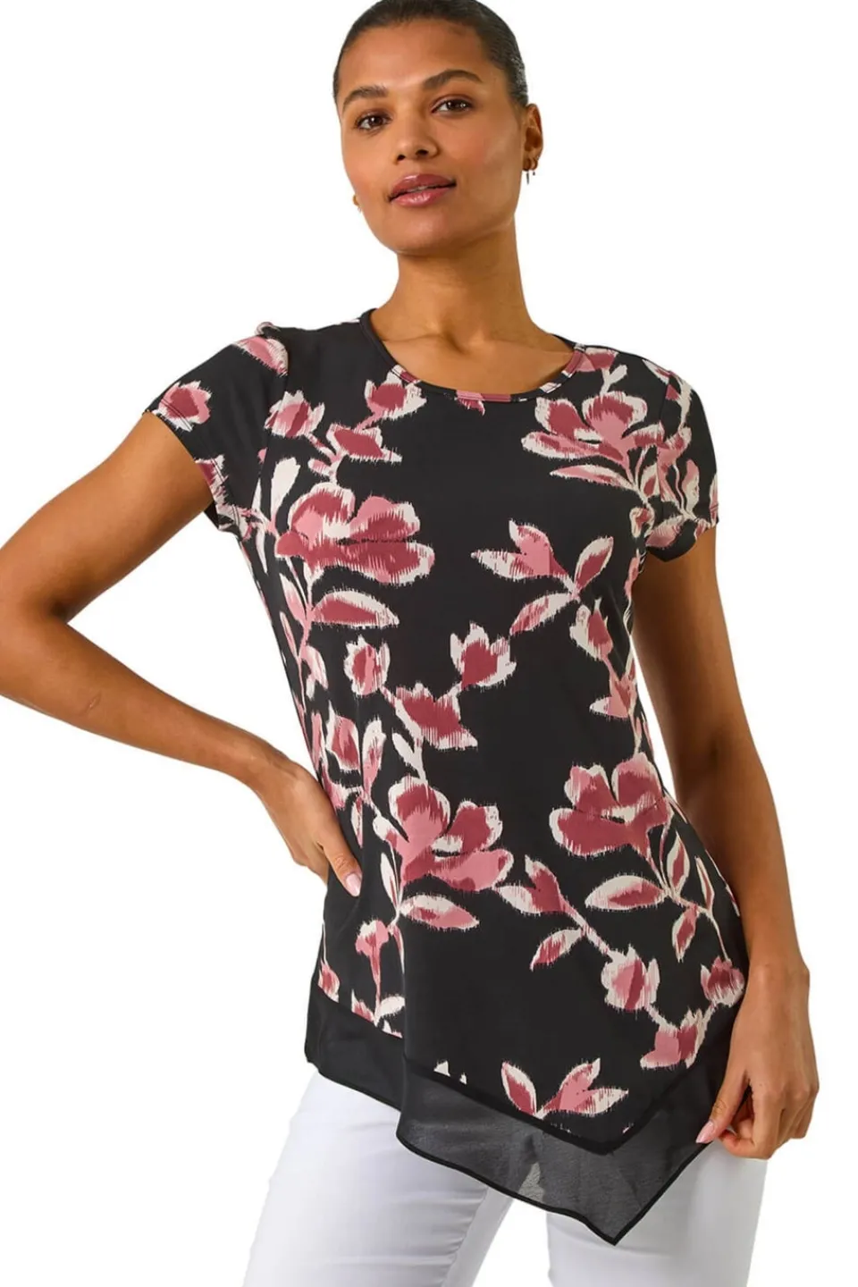 T-Shirts>Roman Pink Abstract Print Chiffon Hem Top