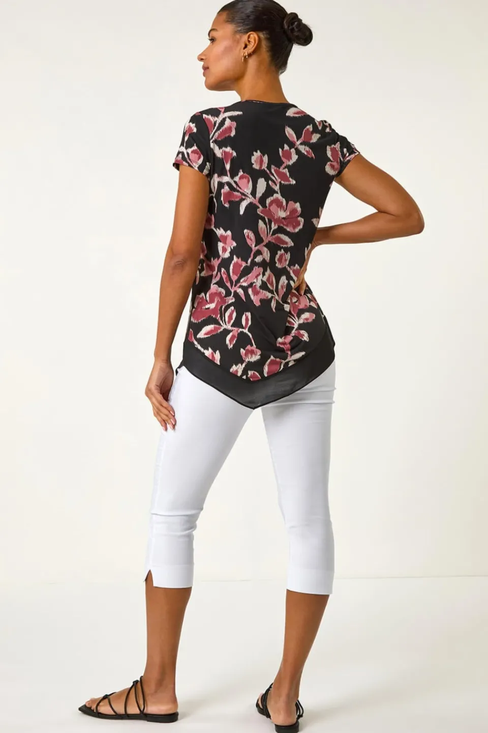 T-Shirts>Roman Pink Abstract Print Chiffon Hem Top