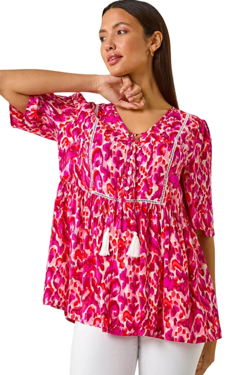 Tops>Roman Pink Abstract Print Tassel Top