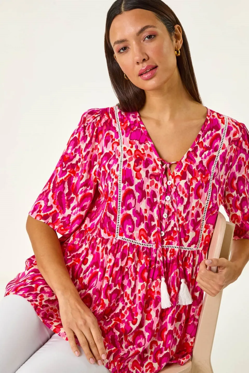 Tops>Roman Pink Abstract Print Tassel Top