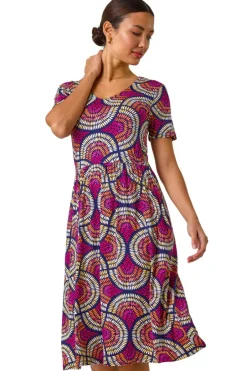 Dresses>Roman Pink Abstract Print Stretch Midi Dress