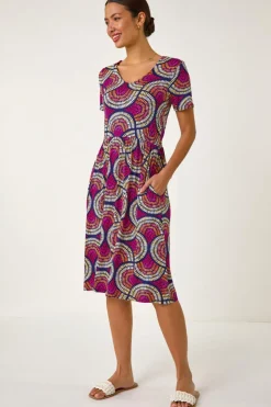 Dresses>Roman Pink Abstract Print Stretch Midi Dress