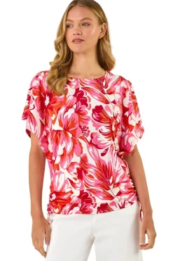 T-Shirts>Roman Pink Abstract Ruched Side Stretch Top