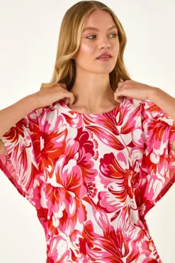 T-Shirts>Roman Pink Abstract Ruched Side Stretch Top