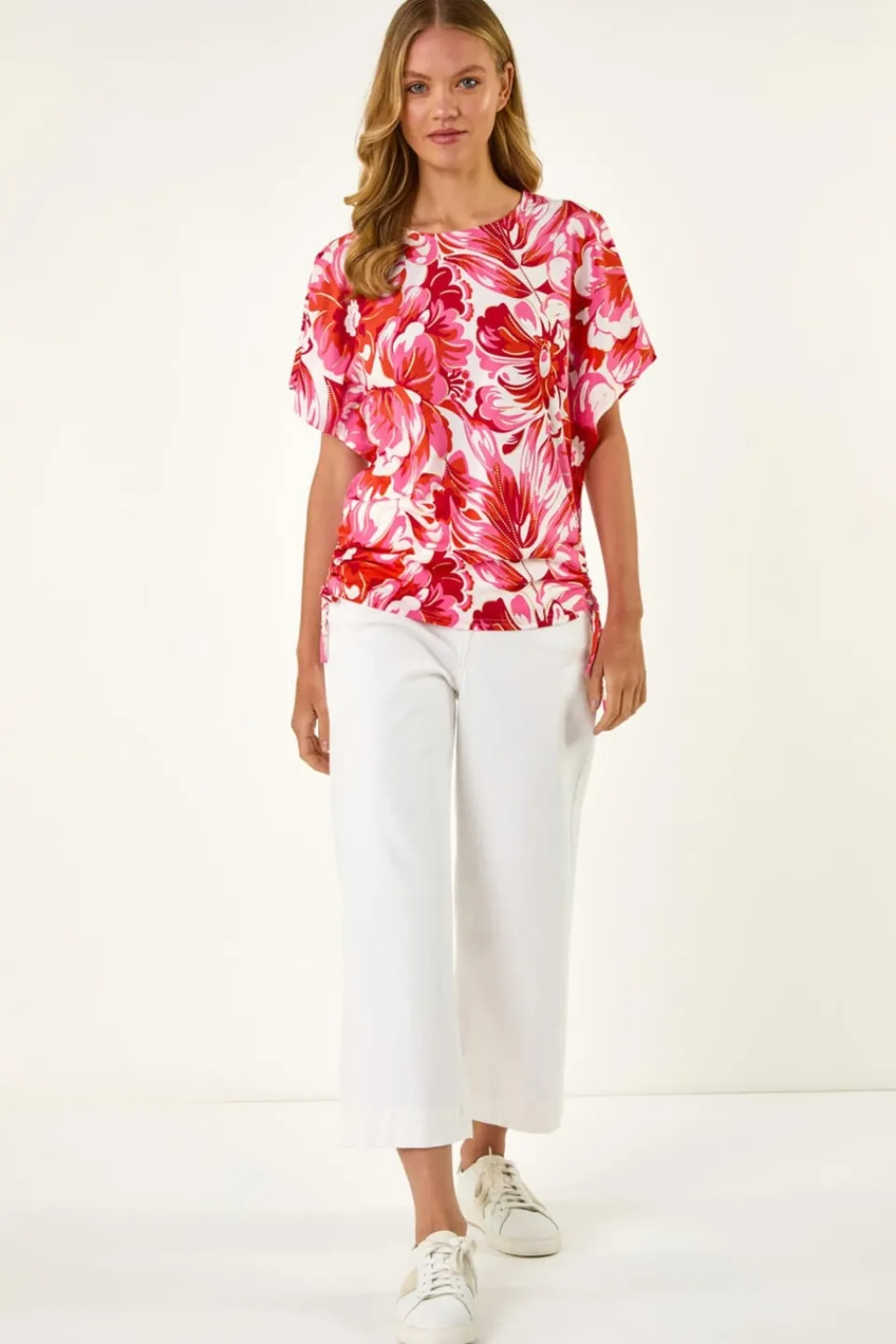 T-Shirts>Roman Pink Abstract Ruched Side Stretch Top