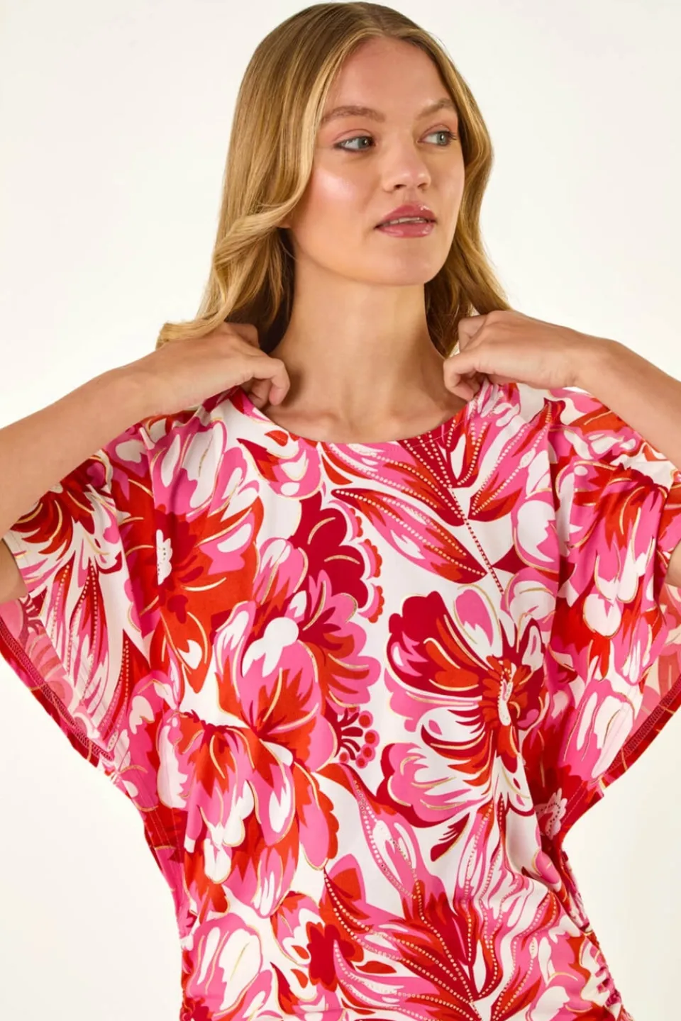 T-Shirts>Roman Pink Abstract Ruched Side Stretch Top