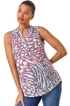 Tops>Roman Pink Animal Print Burnout Vest Top