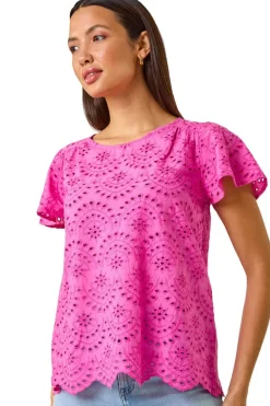 Tops>Roman Pink Broderie Short Sleeve Top