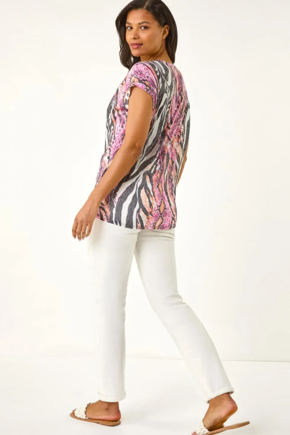Tops>Roman Pink Burnout Snake Print Cocoon Top
