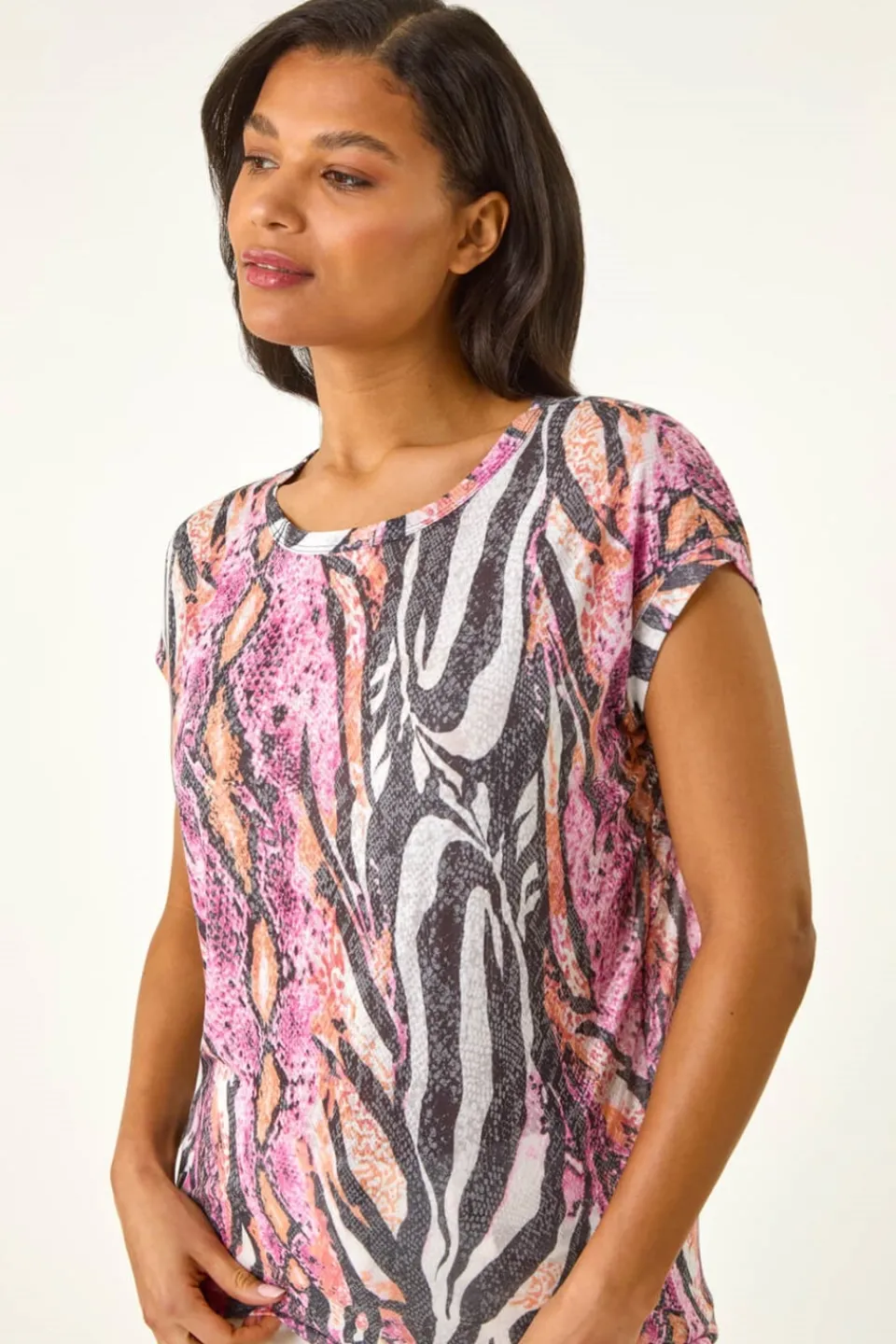 Tops>Roman Pink Burnout Snake Print Cocoon Top