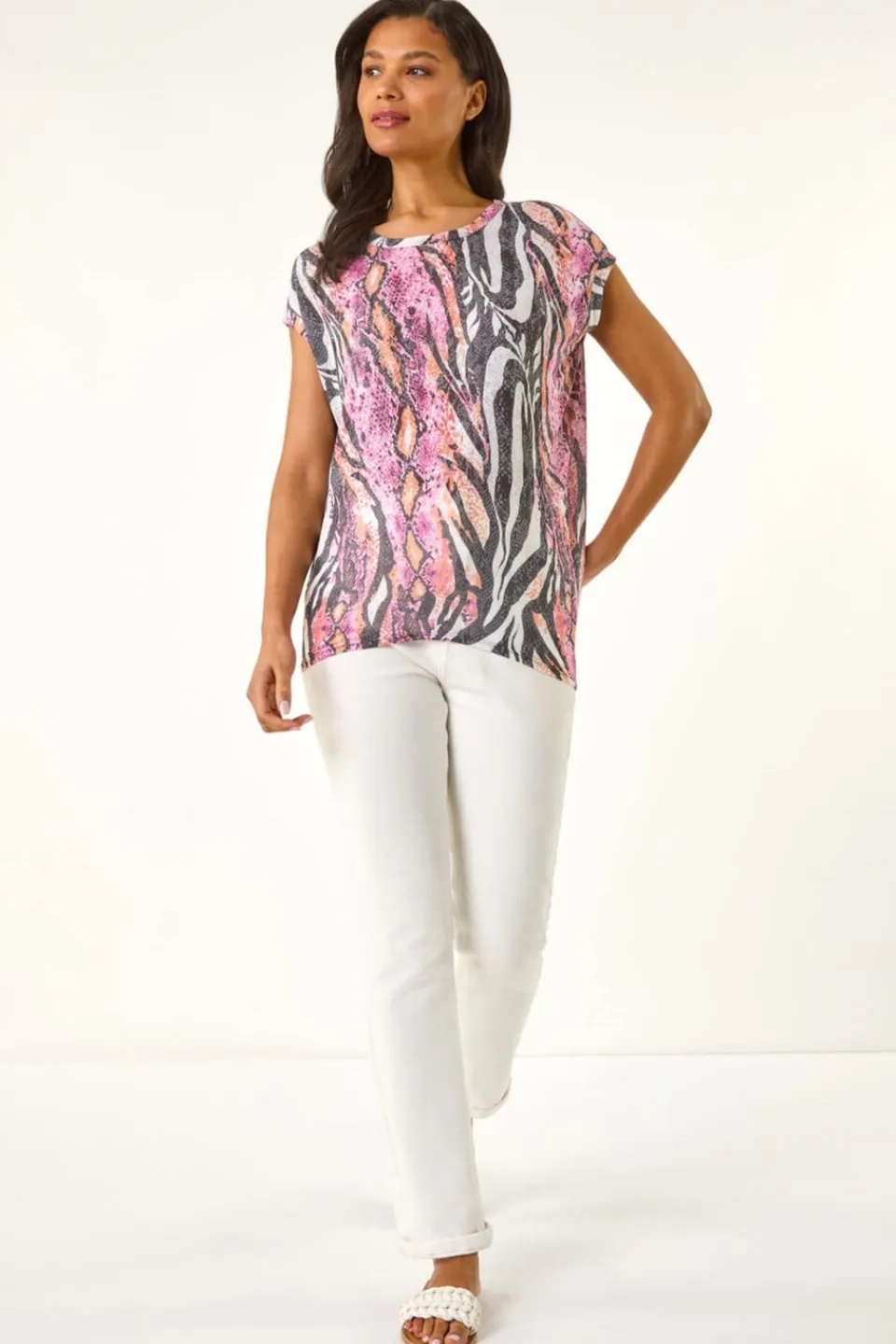 Tops>Roman Pink Burnout Snake Print Cocoon Top