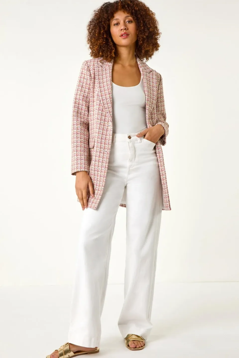 Coats & Jackets>Roman Pink Check Single Breasted Boucle Jacket
