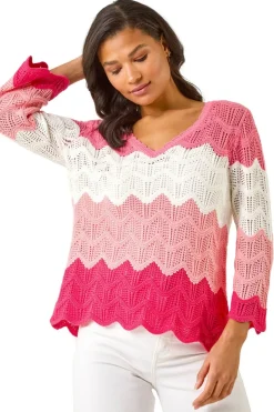 Tops>Roman Pink Colour Block Crochet Knit Scalloped Jumper