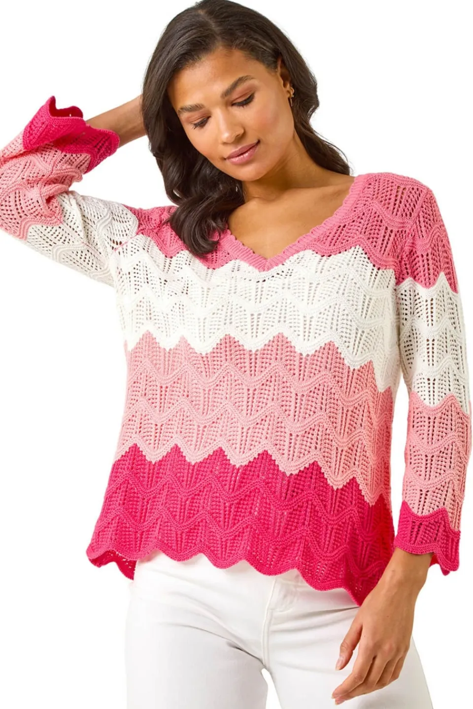 Tops>Roman Pink Colour Block Crochet Knit Scalloped Jumper