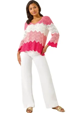 Tops>Roman Pink Colour Block Crochet Knit Scalloped Jumper