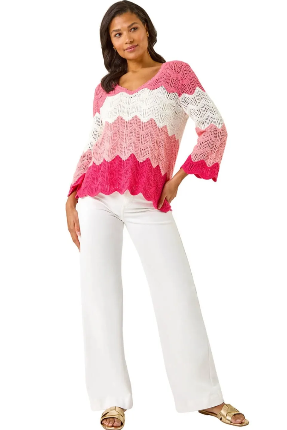 Tops>Roman Pink Colour Block Crochet Knit Scalloped Jumper